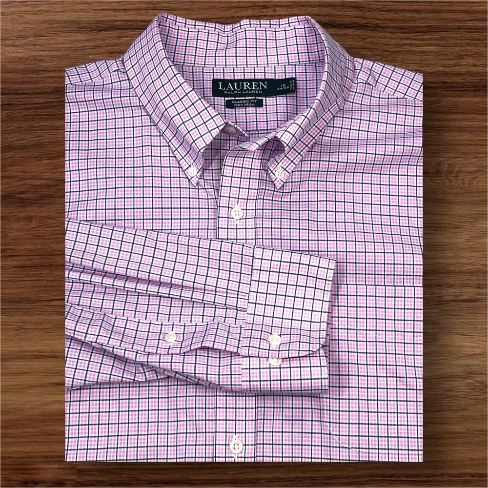 Lauren Ralph Lauren Pink Check Pattern Long Sleeve Dress Shirt. Classic Fit - 18